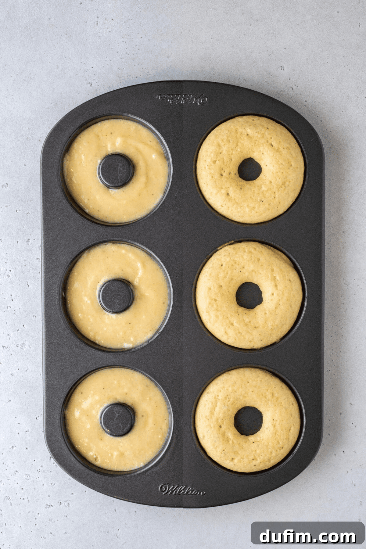 Donuts in a donut pan, before and after baking, showing raw batter and golden baked donuts
