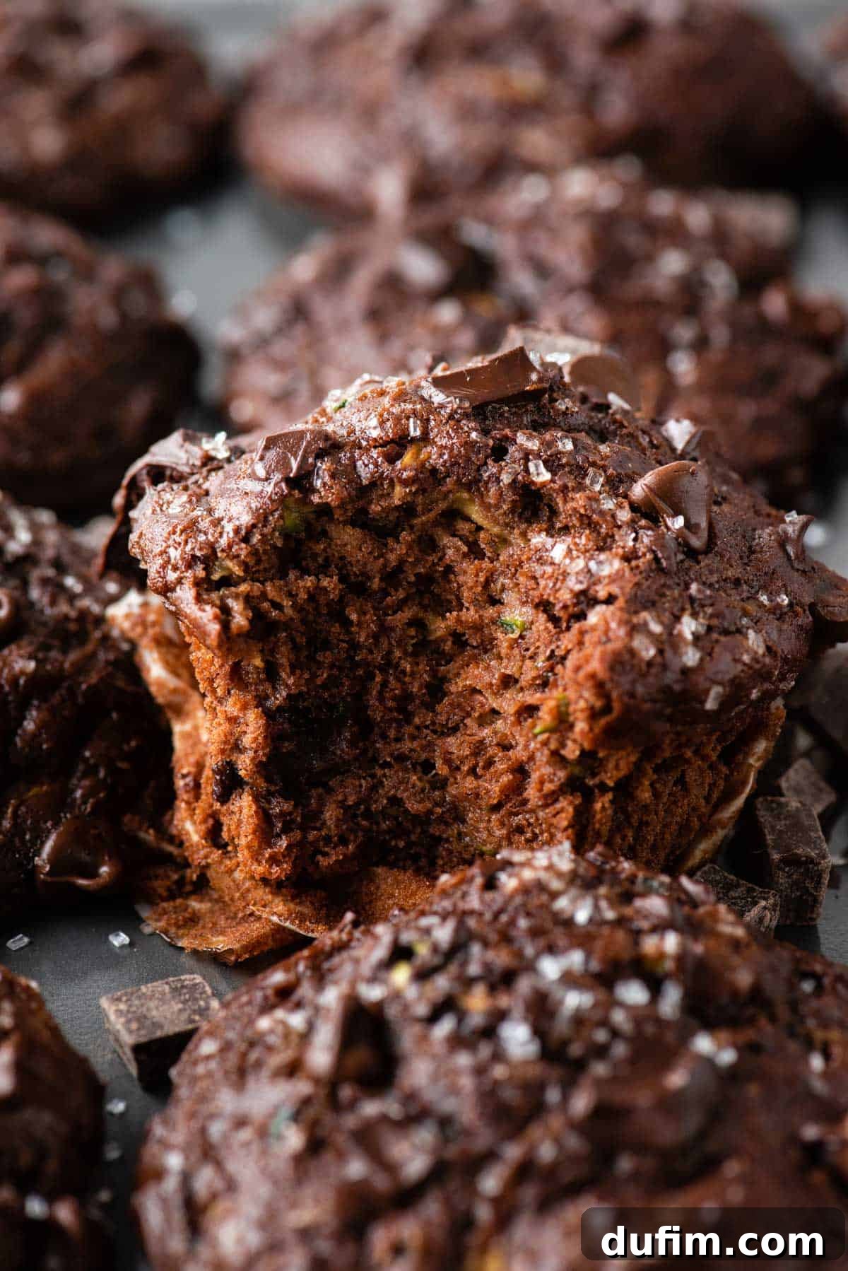 These Chocolate Zucchini Muffins are rich, moist, and oh-so-good. The zucchini adds moisture while cocoa powder adds chocolate decadence. A close-up of a chocolate zucchini muffin with a bite taken out, revealing its soft, moist interior and abundance of chocolate chips.