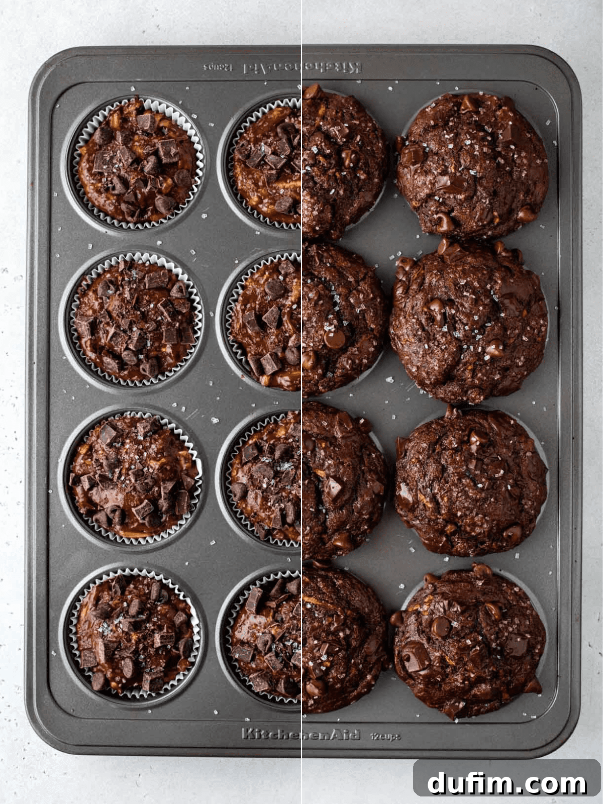 These Chocolate Zucchini Muffins are rich, moist, and oh-so-good. The zucchini adds moisture while cocoa powder adds chocolate decadence. A comparison photo showing chocolate zucchini muffins in a pan before and after they've been baked, highlighting their impressive rise.