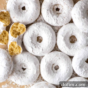 Close-up of freshly baked powdered sugar donuts, highlighting their fluffy texture and delicate white coating.