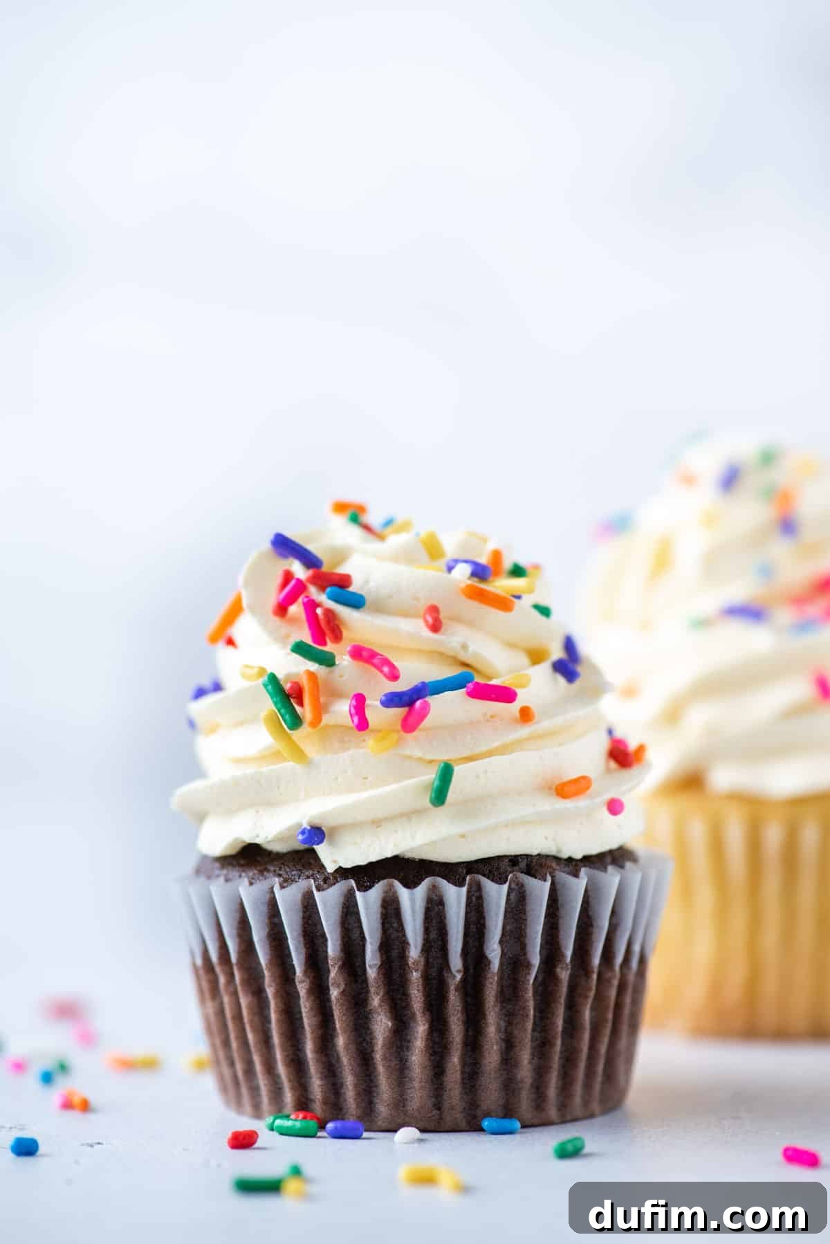 chocolate cupcake topped with cool whip frosting and sprinkles arranged with sprinkles around it and a vanilla cupcake in the background