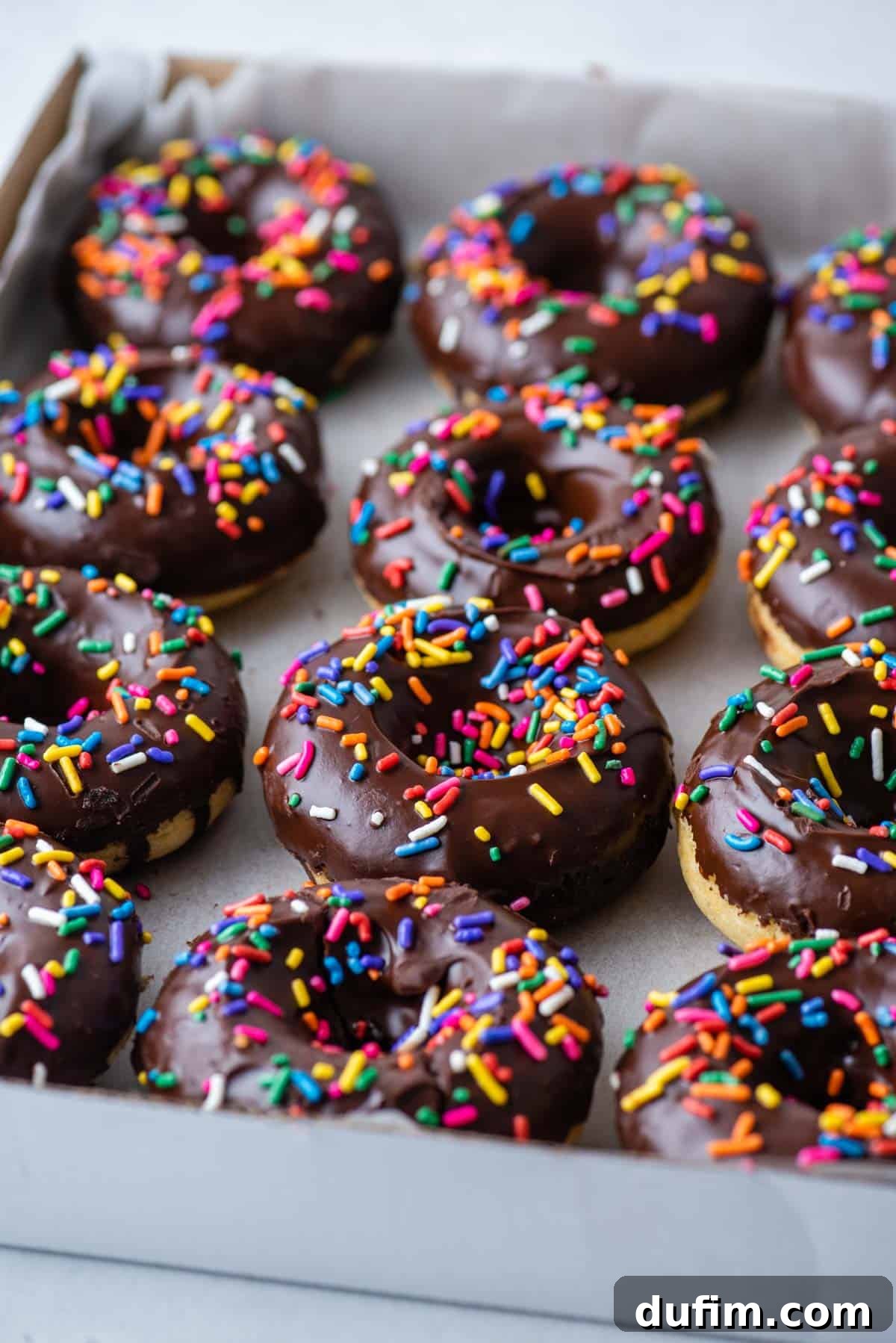 Delicious donuts topped with shiny chocolate glaze and colorful sprinkles, arranged neatly in a box lined with parchment paper.