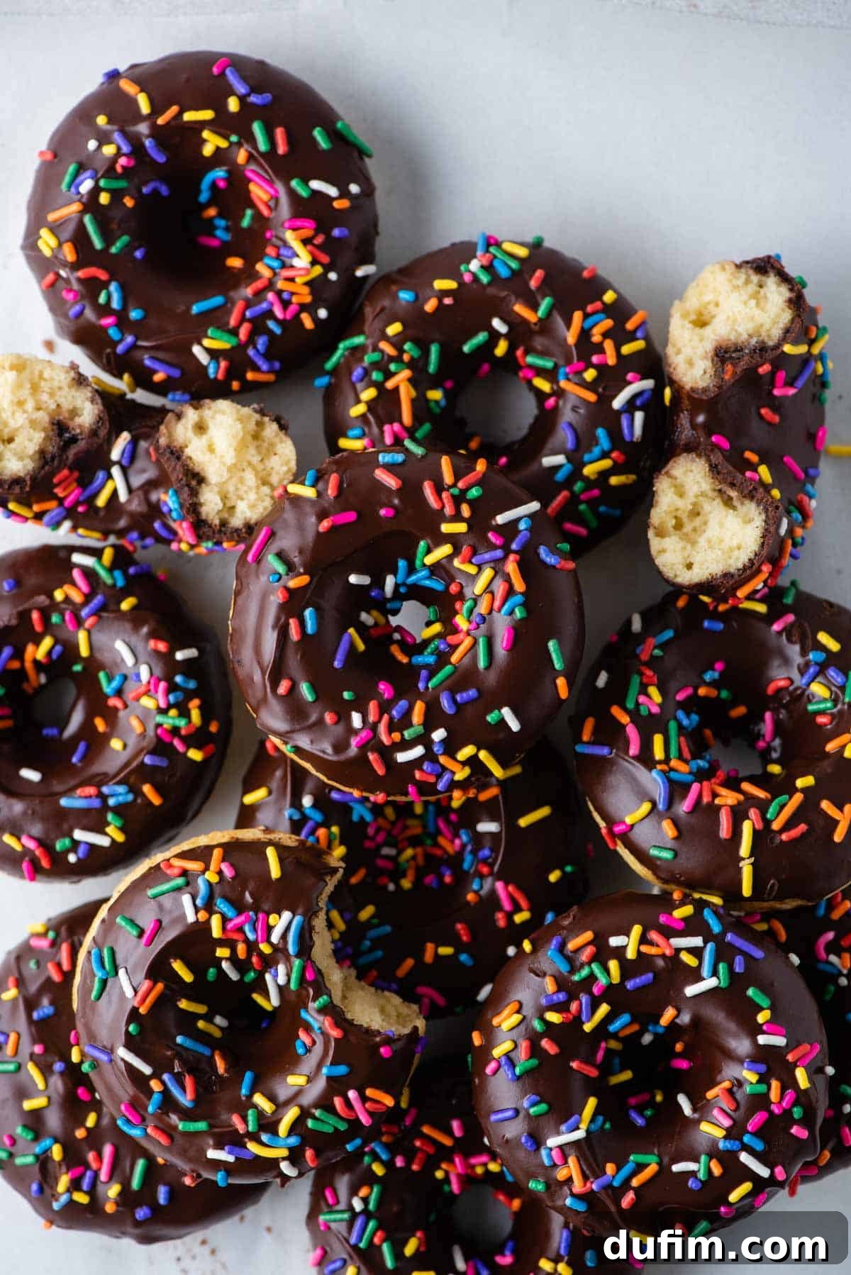 A delightful pile of chocolate glazed donuts, generously adorned with colorful sprinkles, arranged artfully on a clean white surface.