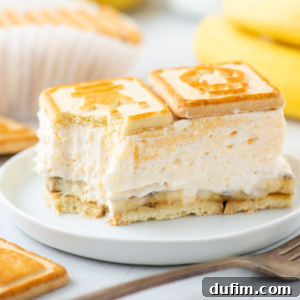 A beautifully composed image showing a clear glass dish filled with layers of creamy banana pudding, topped with golden Chessmen cookies. It's garnished with fresh banana slices, and a serving spoon rests beside it, inviting a taste.