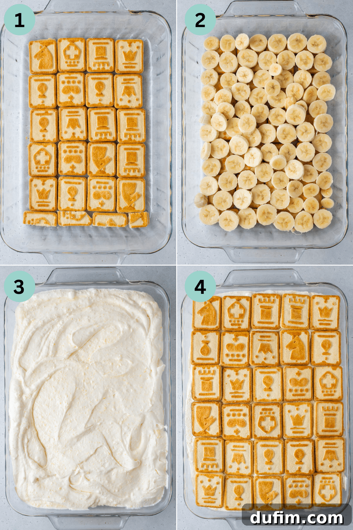 A four-photo collage showing the sequential steps of layering Paula Deen banana pudding: first, a base layer of Chessmen cookies; second, a layer of freshly sliced bananas; third, a generous spread of the creamy pudding mixture; and finally, a top layer of more Chessmen cookies.