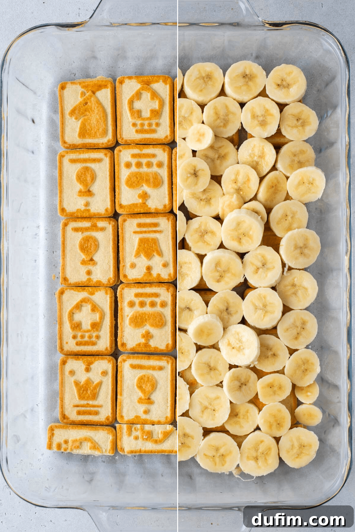 A split image showcasing the initial layering process: on one side, Chessmen cookies are neatly layered in a clear glass baking pan; on the other side, sliced ripe bananas are carefully placed over the cookies, creating the next layer.