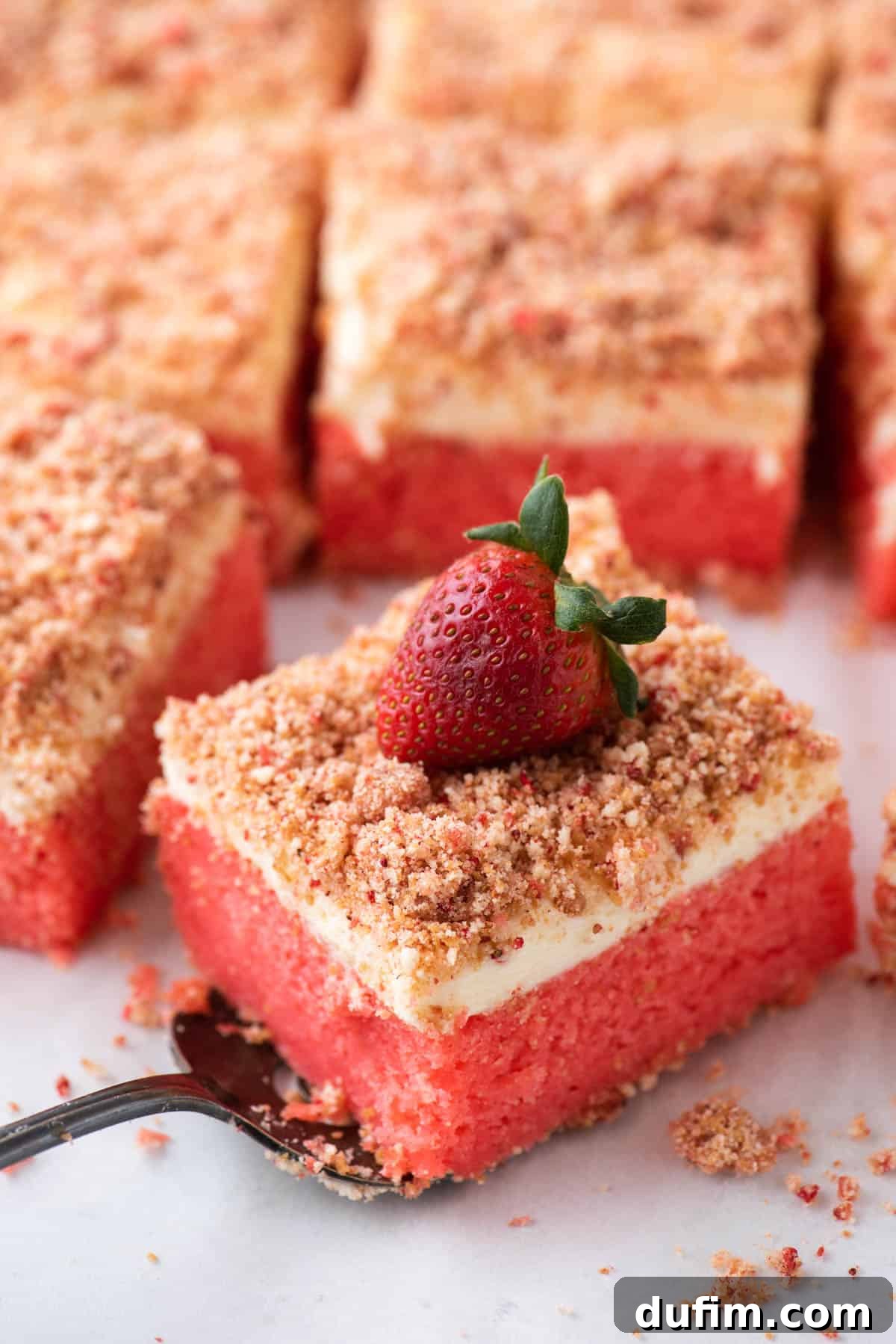 A slice of strawberry crunch cake being lifted on a spatula, with a full cake in the background showing the topping