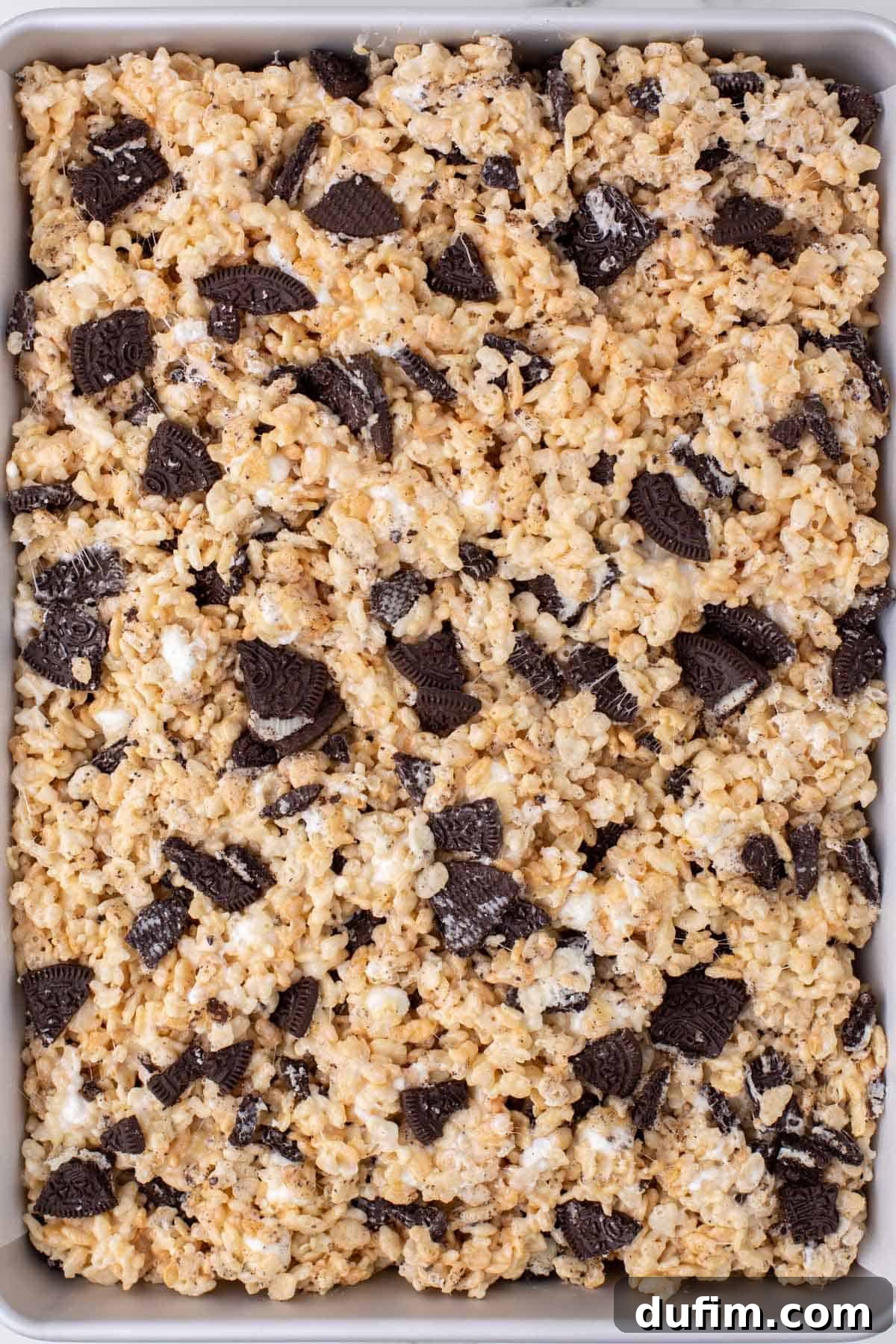 Oreo Dream Krispie Bars 5 a full pan of uncut oreo rice krispie treats