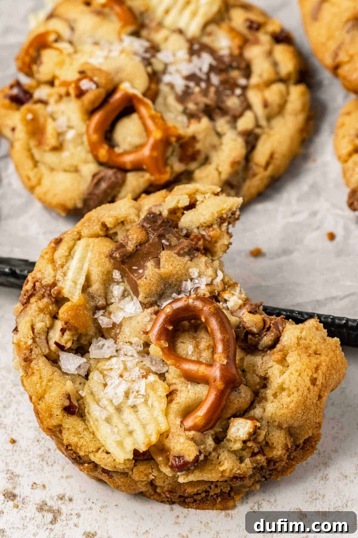 Close up of a homemade Kitchen Sink Cookie with a bite taken out, leaning on a sheet pan with more delicious Kitchen Sink Cookies