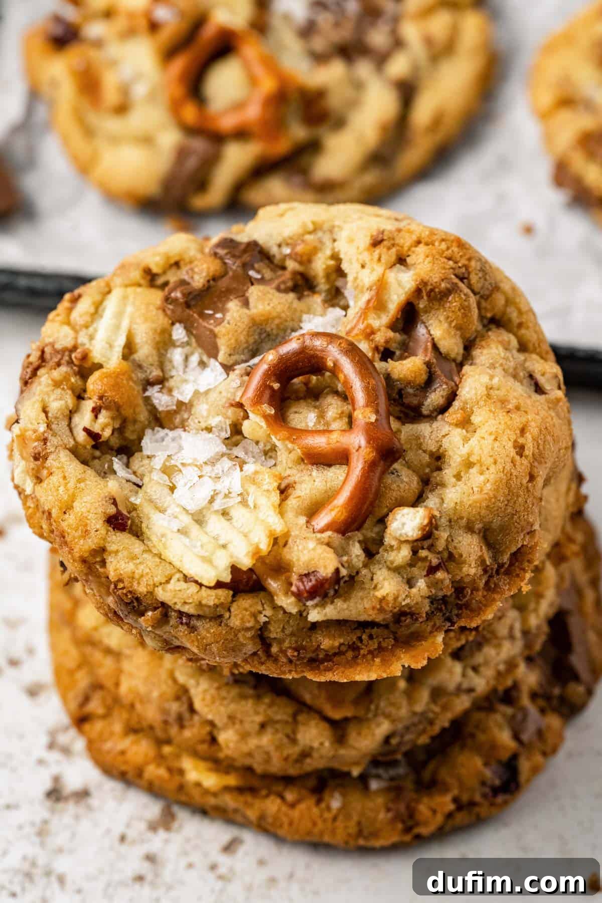 A stack of golden brown Kitchen Sink Cookies piled high, with more cookies visible on a baking sheet in the background