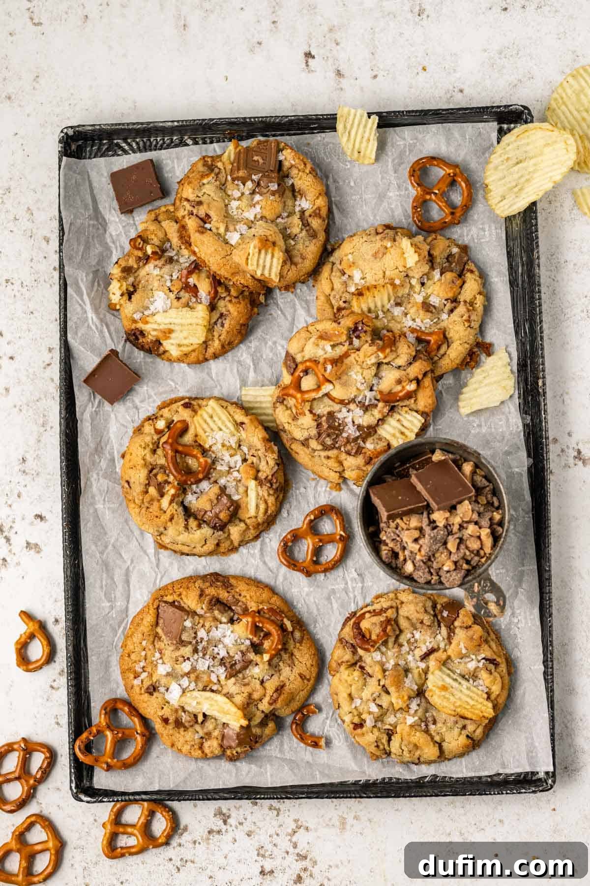 A baking sheet lined with parchment paper, surrounded by neatly arranged individual piles of potato chips, pretzels, chocolate chunks, and a small black dish of toffee bits, all ready for baking