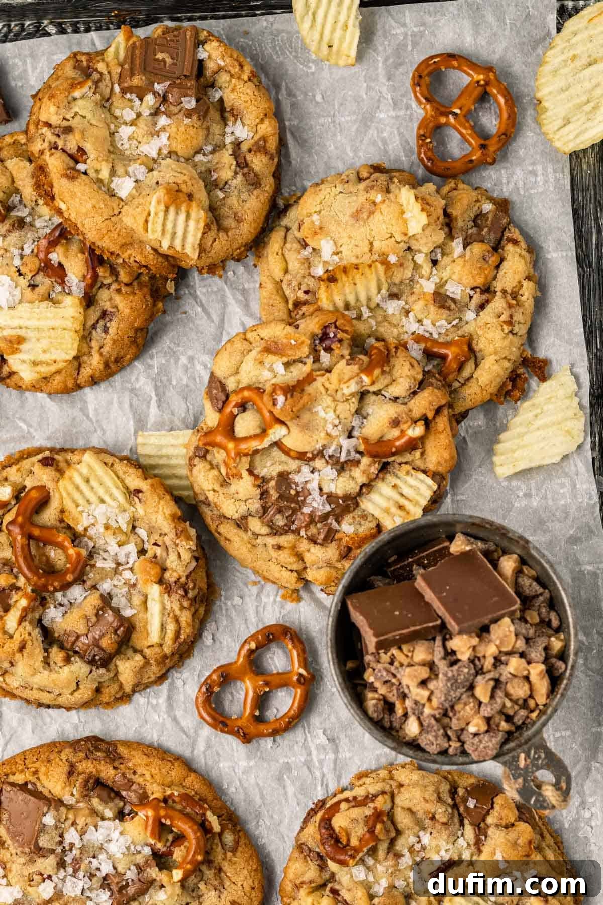 A baking sheet lined with parchment paper, adorned with perfectly arranged unbaked Kitchen Sink Cookies, surrounded by a vibrant display of potato chips, pretzels, chocolate chunks, and a small black dish of toffee bits, all ingredients waiting to be united in the oven