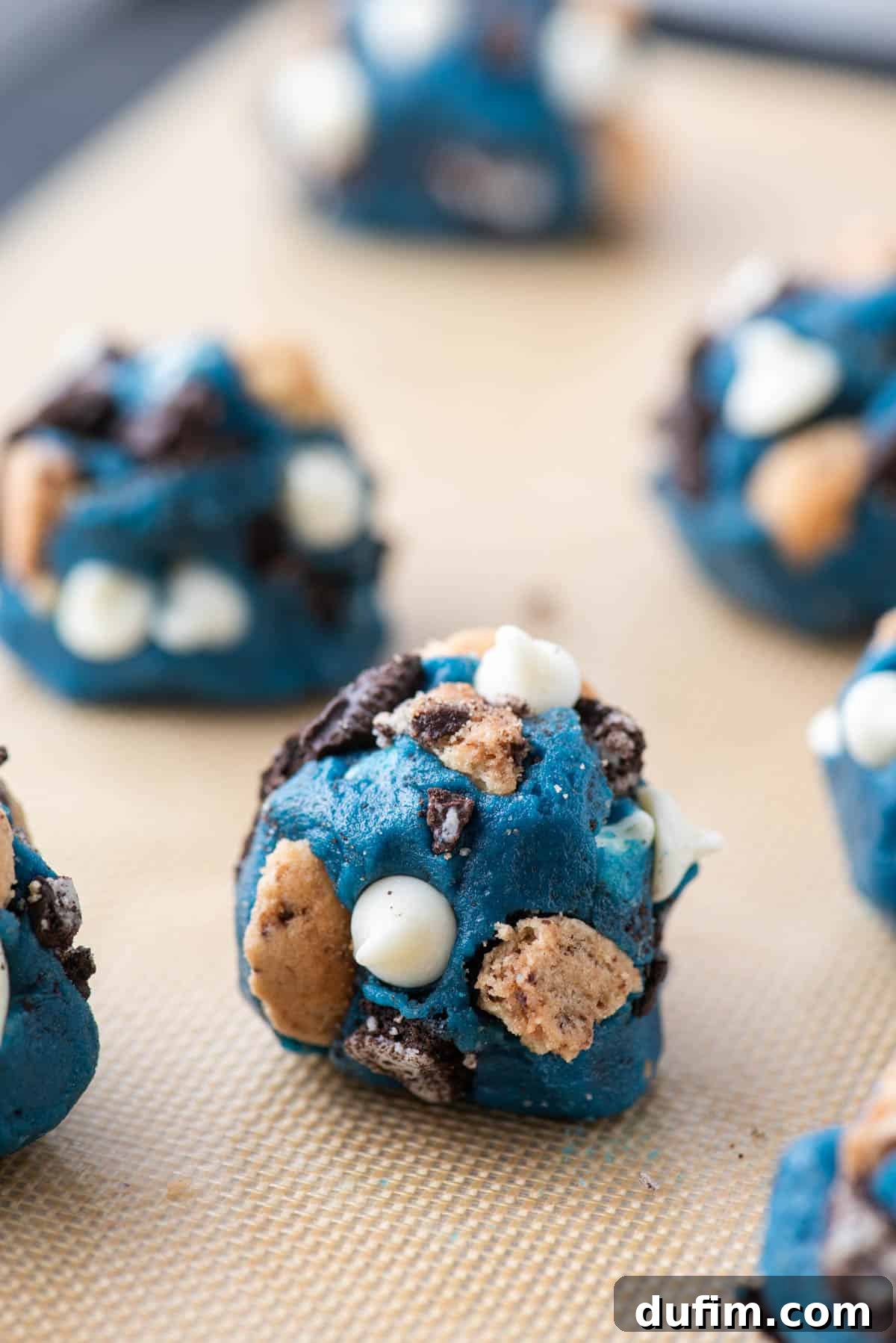 Perfectly scooped, vibrant blue Cookie Monster cookie dough balls arranged neatly on a nonstick cookie sheet, ready for baking.