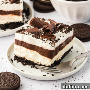 A beautifully presented slice of chocolate lasagna, showcasing its distinct layers.
