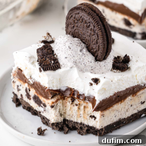 A top-down view of a completed Oreo Ice Cream Cake, garnished with extra cookie pieces.