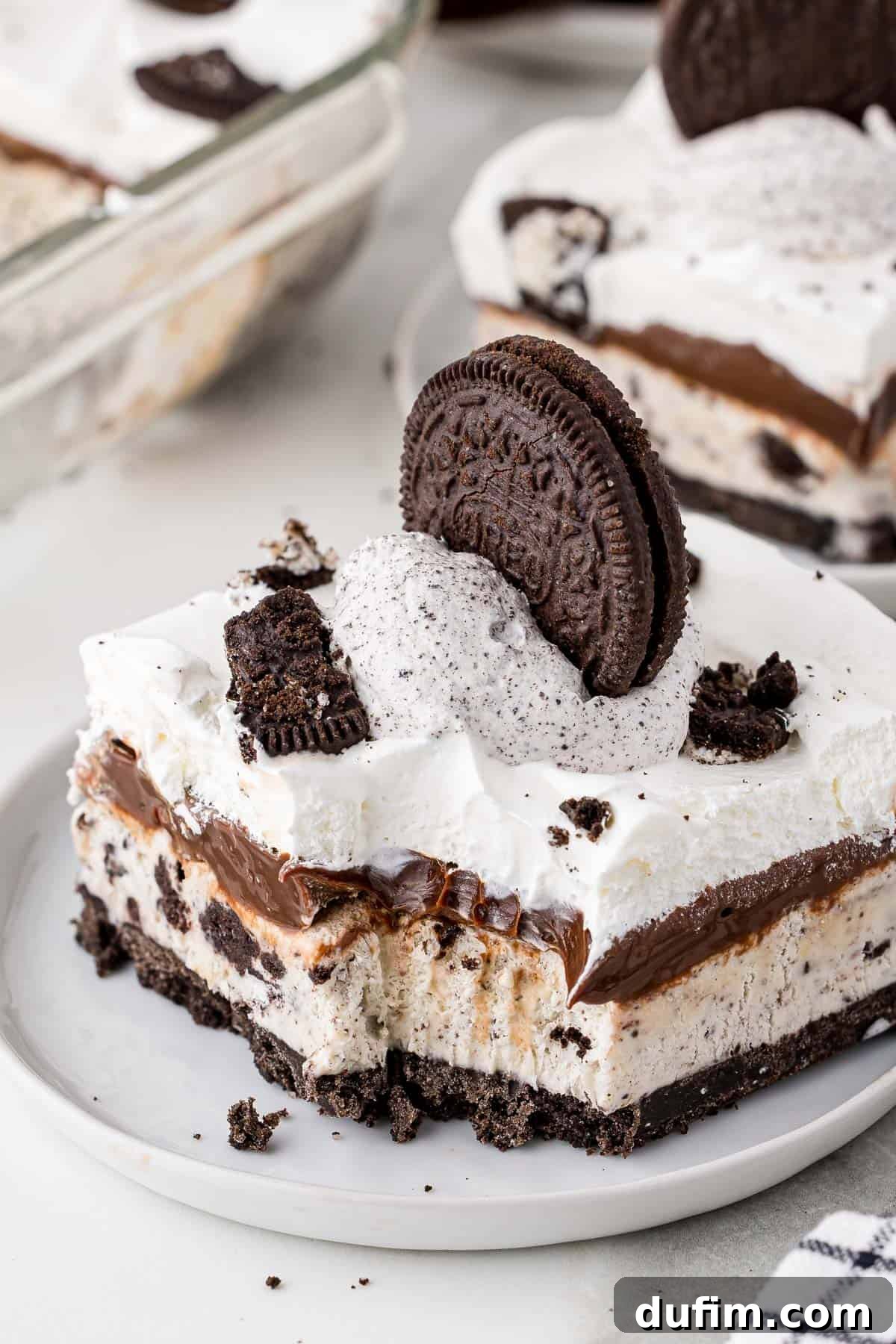 A close-up of a delightful slice of Oreo ice cream cake on a white plate, with a small bite taken out, showing the texture and layers of the dessert.