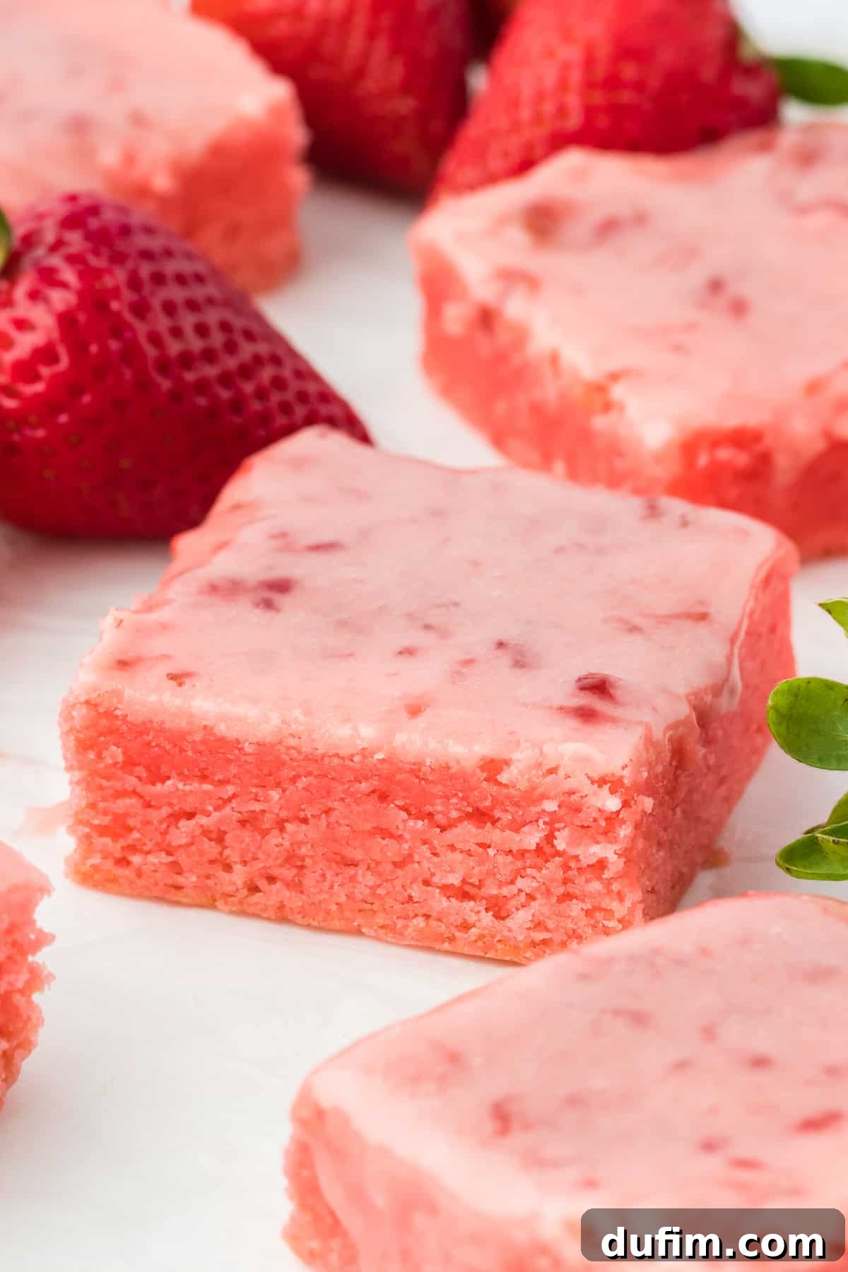 a close up of a strawberry brownie on a white surface surrounded by more brownies and fresh strawberries
