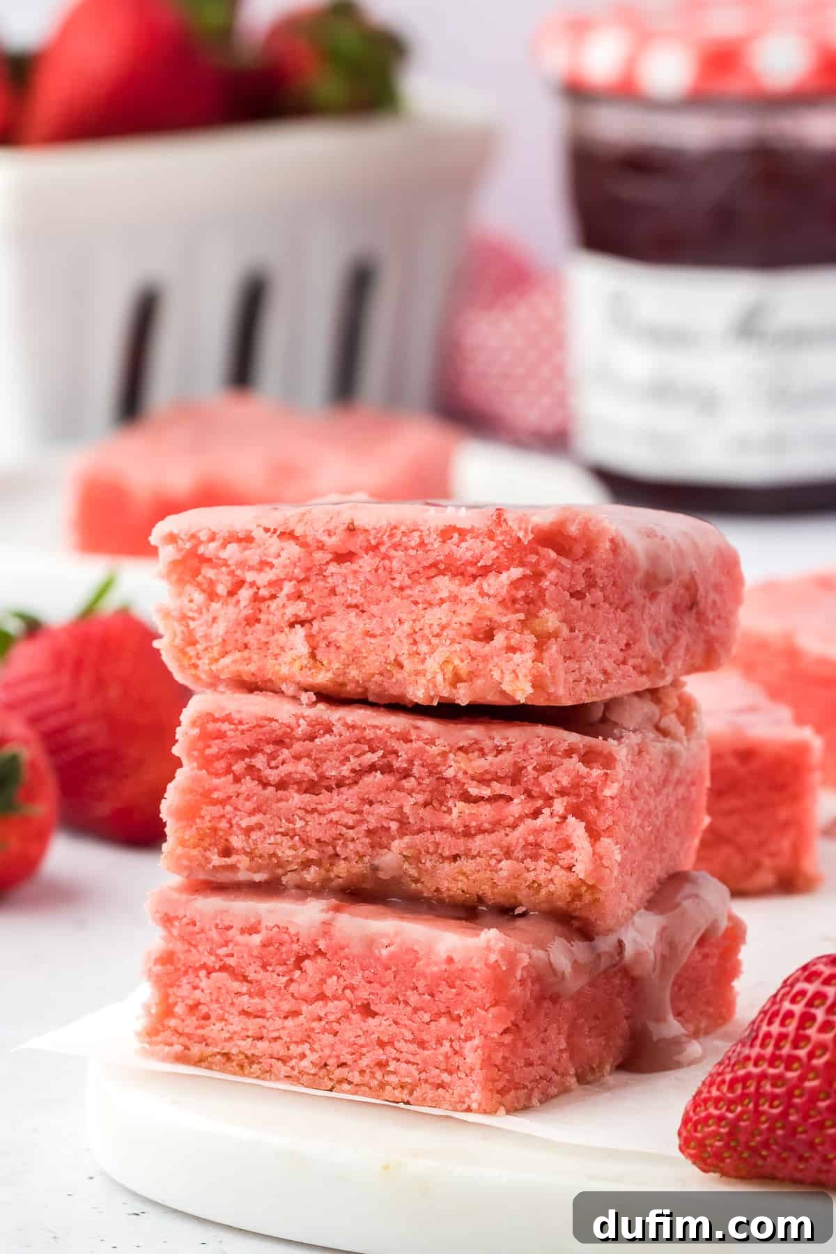 three strawberry brownies stacked surrounded by a red and white kitchen towel, fresh strawberries and strawberry preserves