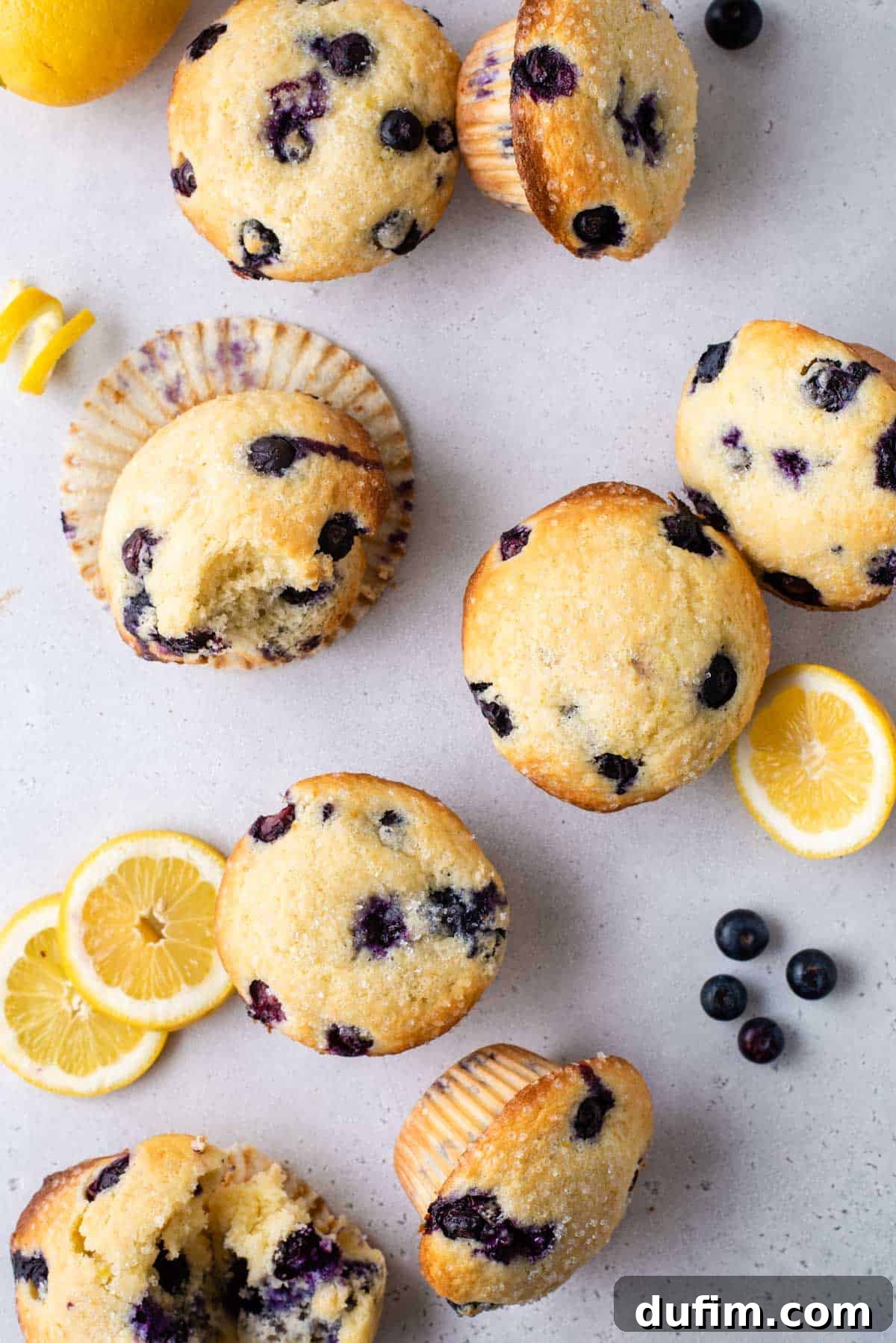 Several lemon blueberry muffins arranged on a counter, some whole and some with muffin liners open and bites out, surrounded by lemon slices and whole fresh blueberries