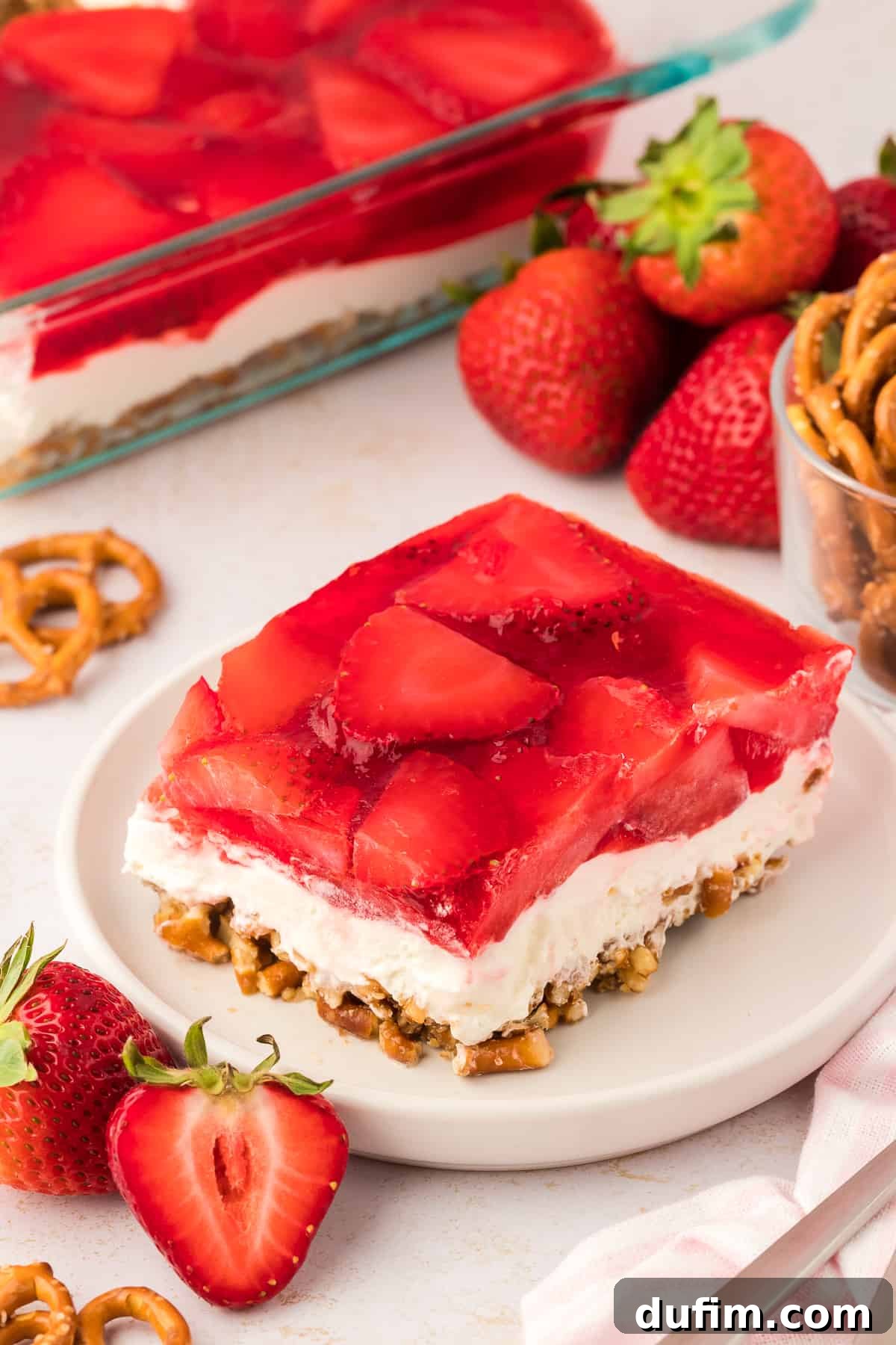 A slice of strawberry pretzel salad on a white plate, with a baking dish full of salad in the background, surrounded by fresh strawberries, pretzels and a pink and white striped kitchen towel