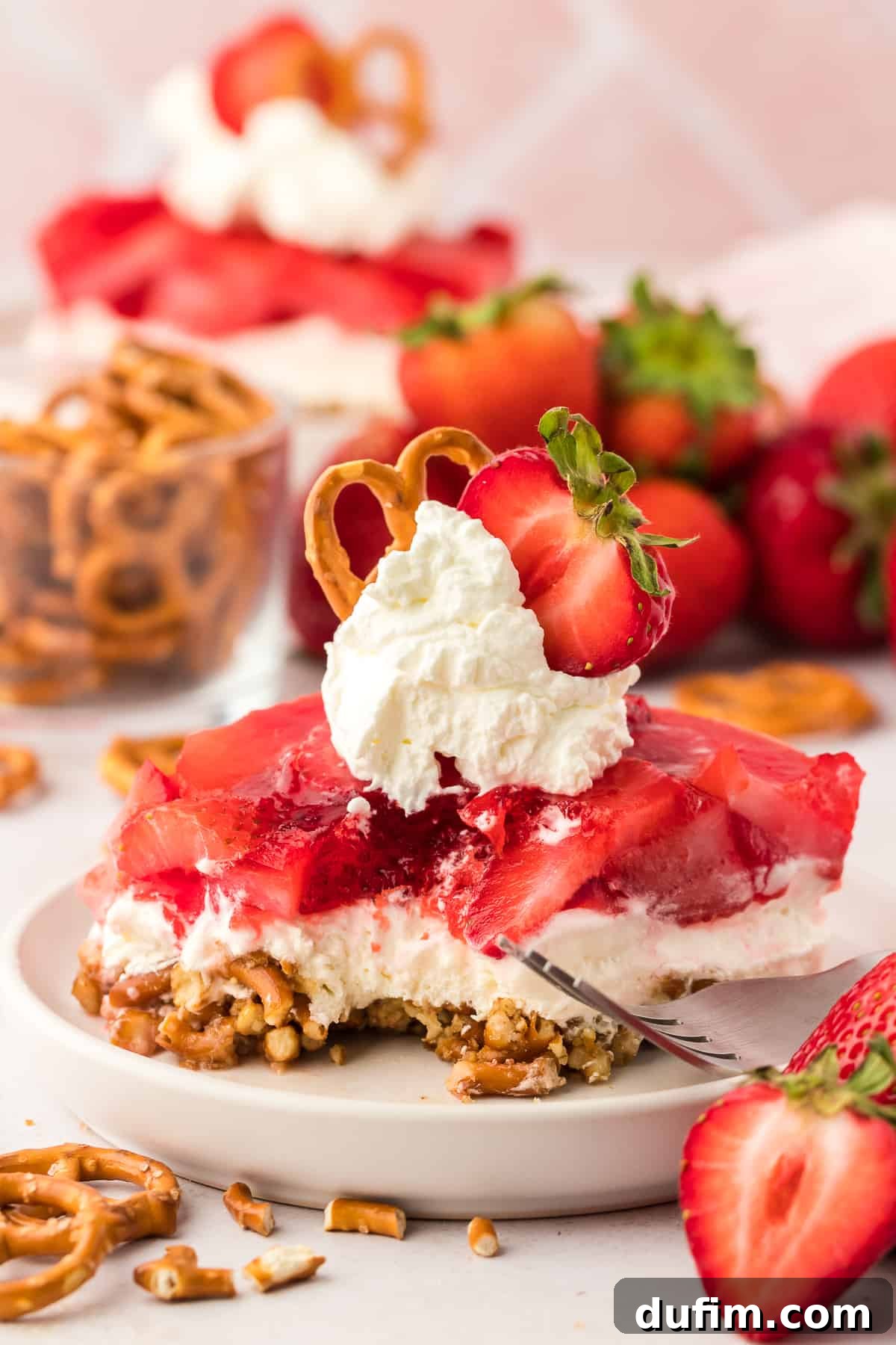 A slice of strawberry pretzel salad on a white plate with one bite missing, a fork laying on the plate, surrounded by fresh strawberries and pretzels with a bowl of pretzels in the background