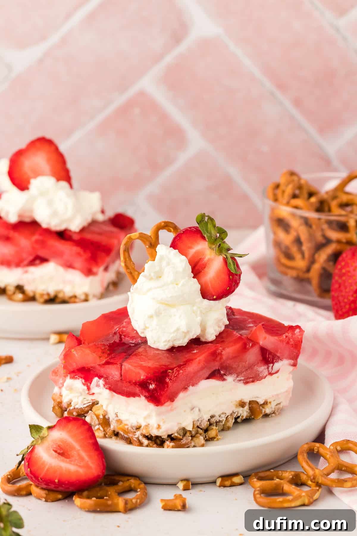 Two small white plates with slices of strawberry pretzels salad on them, topped with whipped topping, fresh strawberry slices and a pretzel, surrounded by pretzels, fresh strawberries and a pink and white striped kitchen towel and a bowl of pretzels in the background
