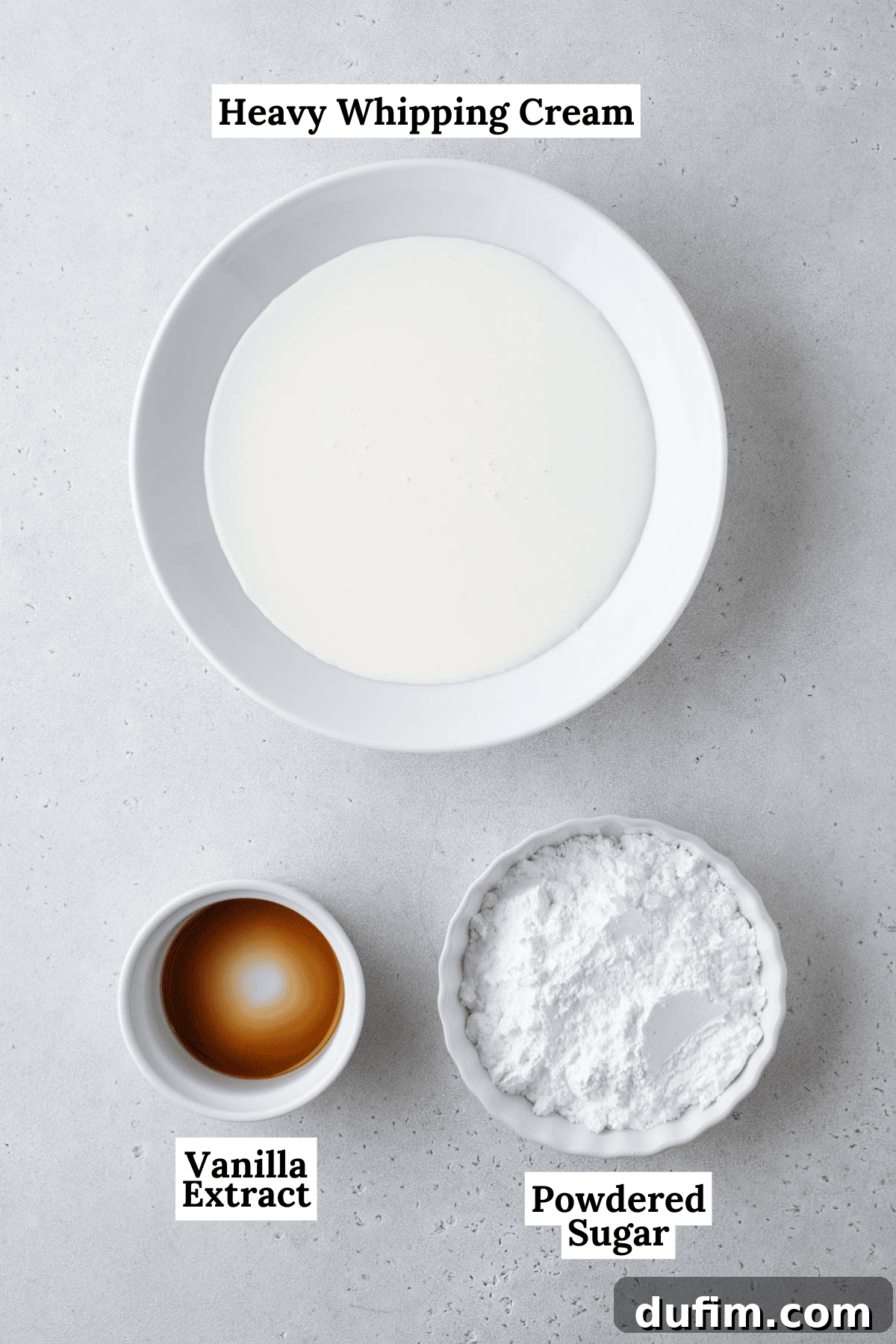 Sweetly Whipped Perfection 6 ingredients for whipped cream including heavy whipping cream, powdered sugar and vanilla