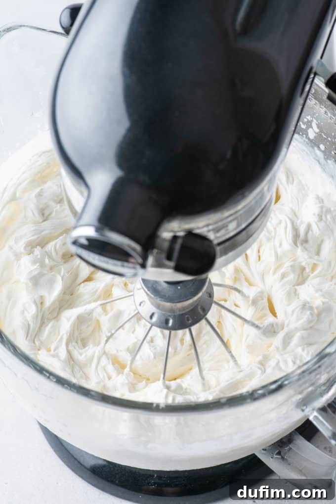 The finished stabilized cream cheese whipped cream, thick and smooth, ready to be used.