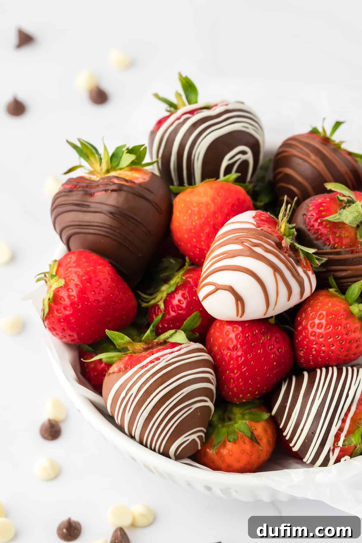 Irresistible Chocolate Dipped Strawberries 14 A beautiful white bowl overflowing with a mix of perfectly crafted chocolate covered strawberries and fresh, whole strawberries, artfully arranged with loose white and milk chocolate chips nearby.