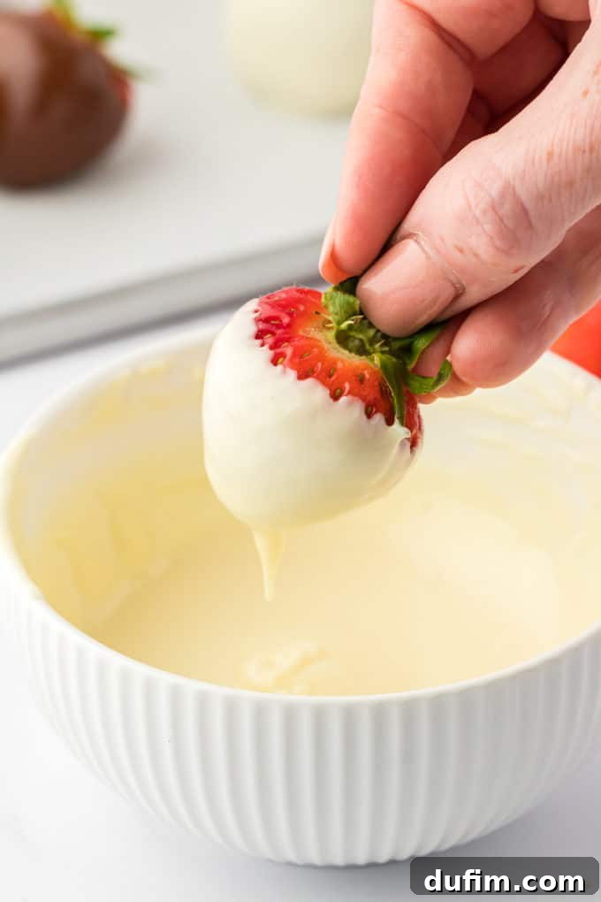 Irresistible Chocolate Dipped Strawberries 6 A strawberry freshly dipped in melted white chocolate, held above the bowl to allow excess chocolate to drip off, illustrating proper dipping technique.