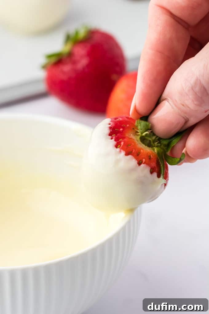 Irresistible Chocolate Dipped Strawberries 7 Another view of a strawberry dipped in white chocolate, allowing drips to fall back into the bowl, emphasizing the smooth coating.