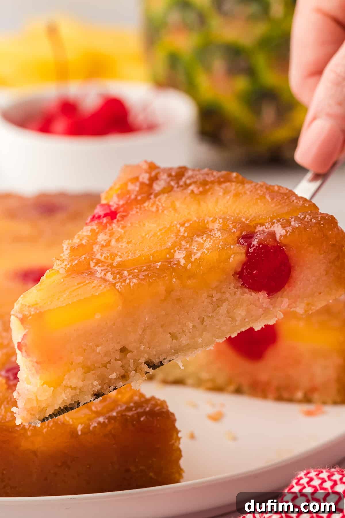 A delectable slice of pineapple upside-down cake, perfectly golden and adorned with a cherry, being lifted from a plate. In the blurred background, fresh pineapple slices and cherries hint at the cake's delicious components.