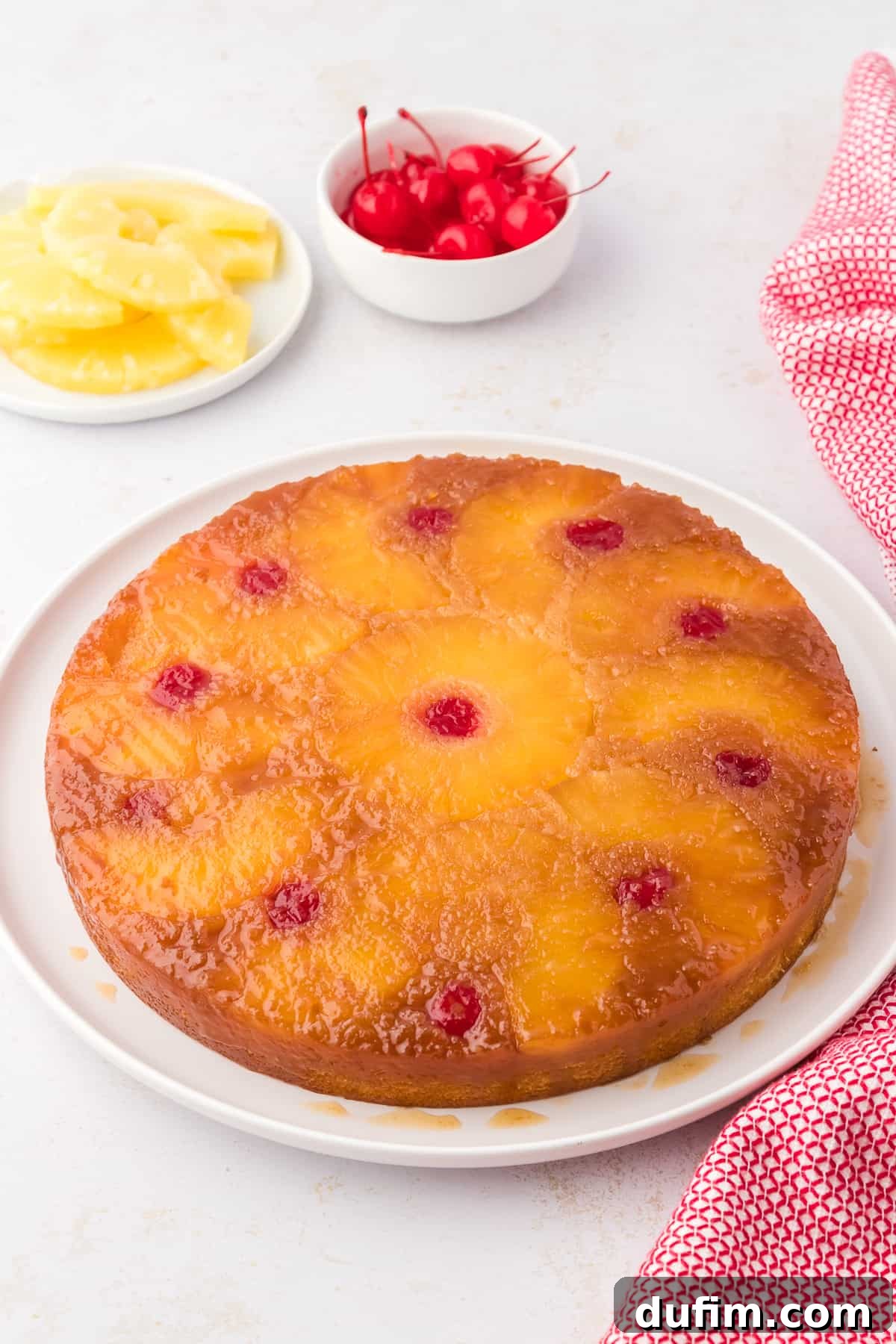A whole pineapple upside-down cake presented on a white plate, beautifully garnished with fresh pineapple slices and maraschino cherries, alongside a red and white kitchen towel.