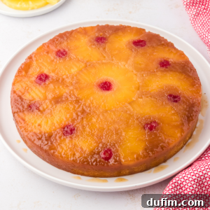 A beautifully inverted pineapple upside-down cake on a white plate, ready to be served, surrounded by fresh pineapple slices and maraschino cherries.
