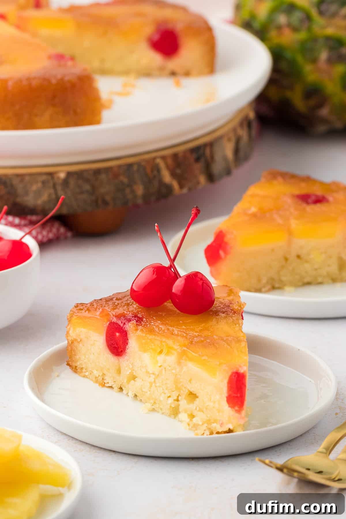 Two individual slices of golden pineapple upside-down cake are artfully arranged on small white plates, with the rest of the cake and fresh garnishes visible in the background.