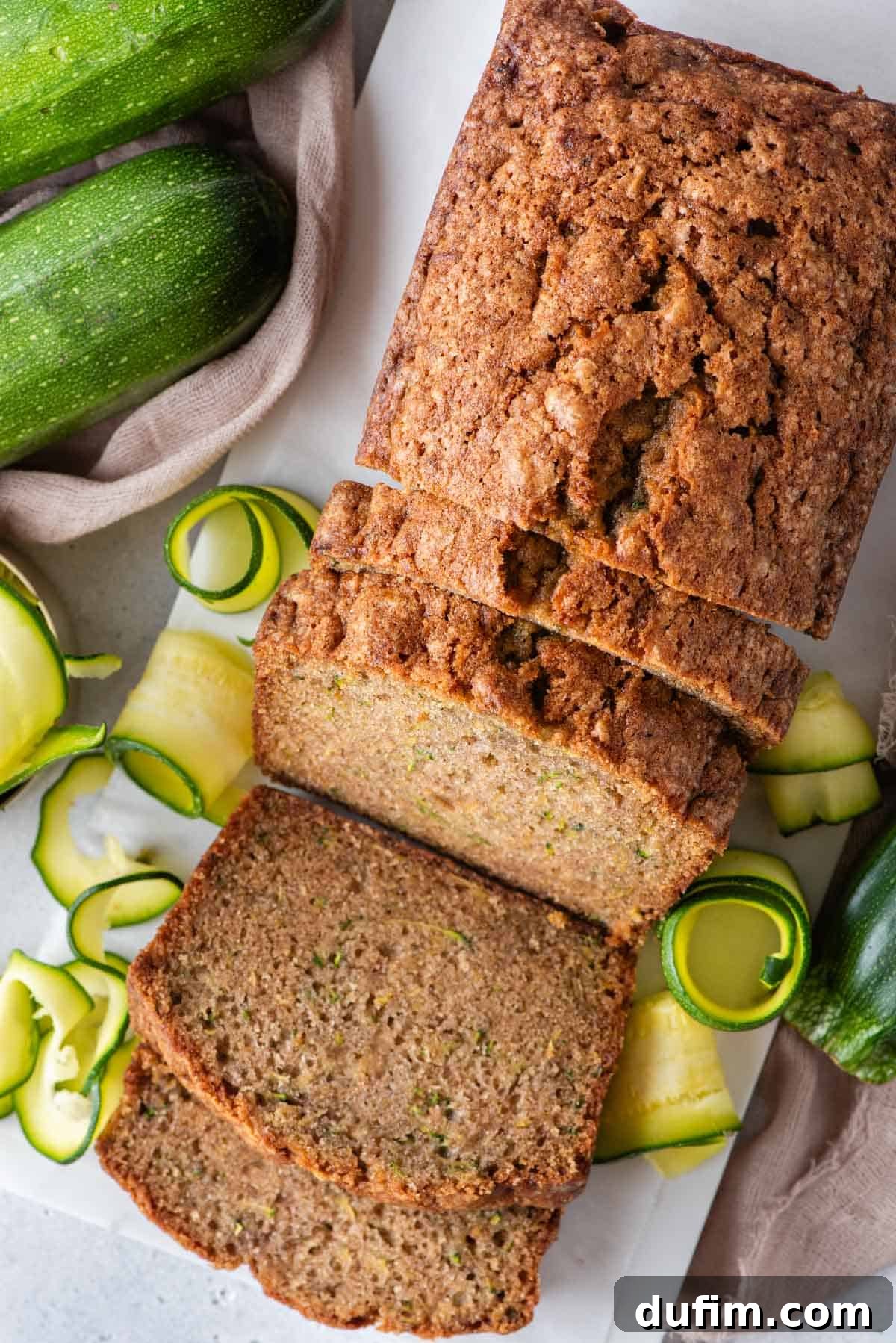 Irresistibly Moist Zucchini Bread 11 An inviting overhead shot of a freshly baked loaf of zucchini bread, beautifully sliced and surrounded by vibrant fresh zucchini slices and whole zucchinis in the background, inviting a delicious taste.