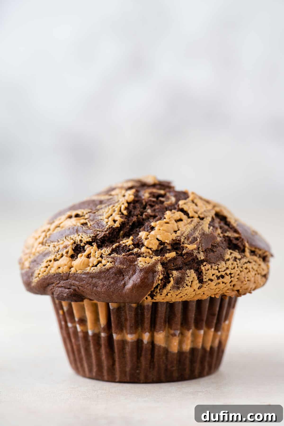 A single perfectly domed chocolate peanut butter muffin, showcasing its moist texture, rich color, and enticing swirl pattern.