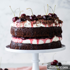 black forest cake on a white cake stand with stacks of white plates and cherries surrounding it