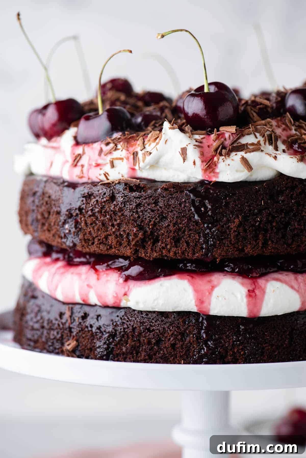 Decadent Black Forest Cherry Torte 3 close up of the side of a black forest cake on a white cake stand with layers of chocolate cake, whipped cream, and cherry filling