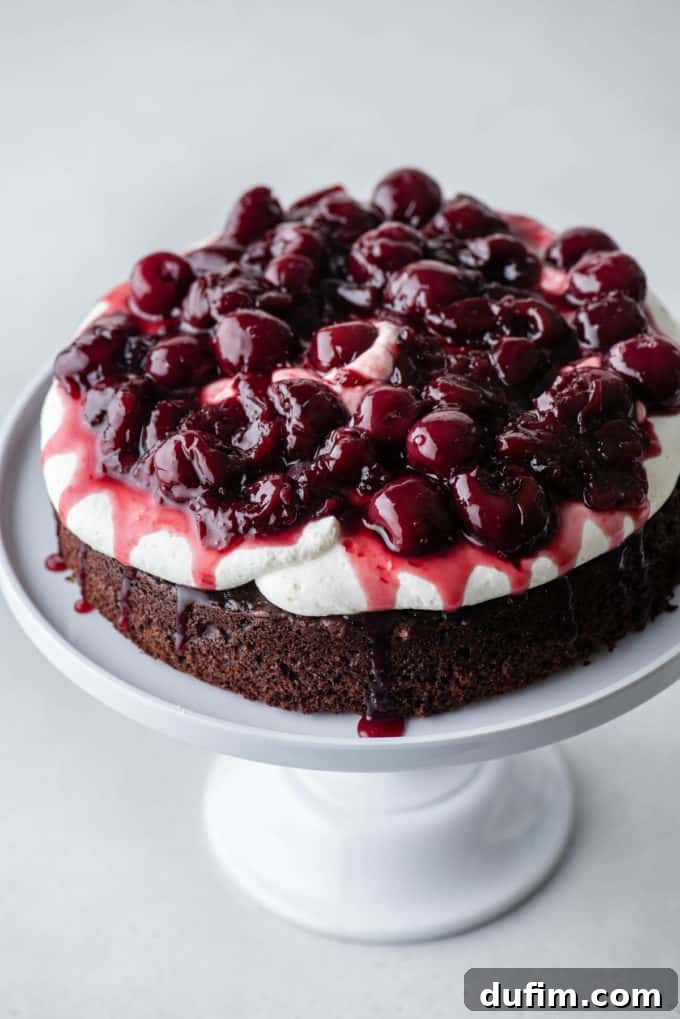 Decadent Black Forest Cherry Torte 9 one layer of chocolate cake on a white cake stand with stabilized whipped cream on top and a cherry filling being on top of it