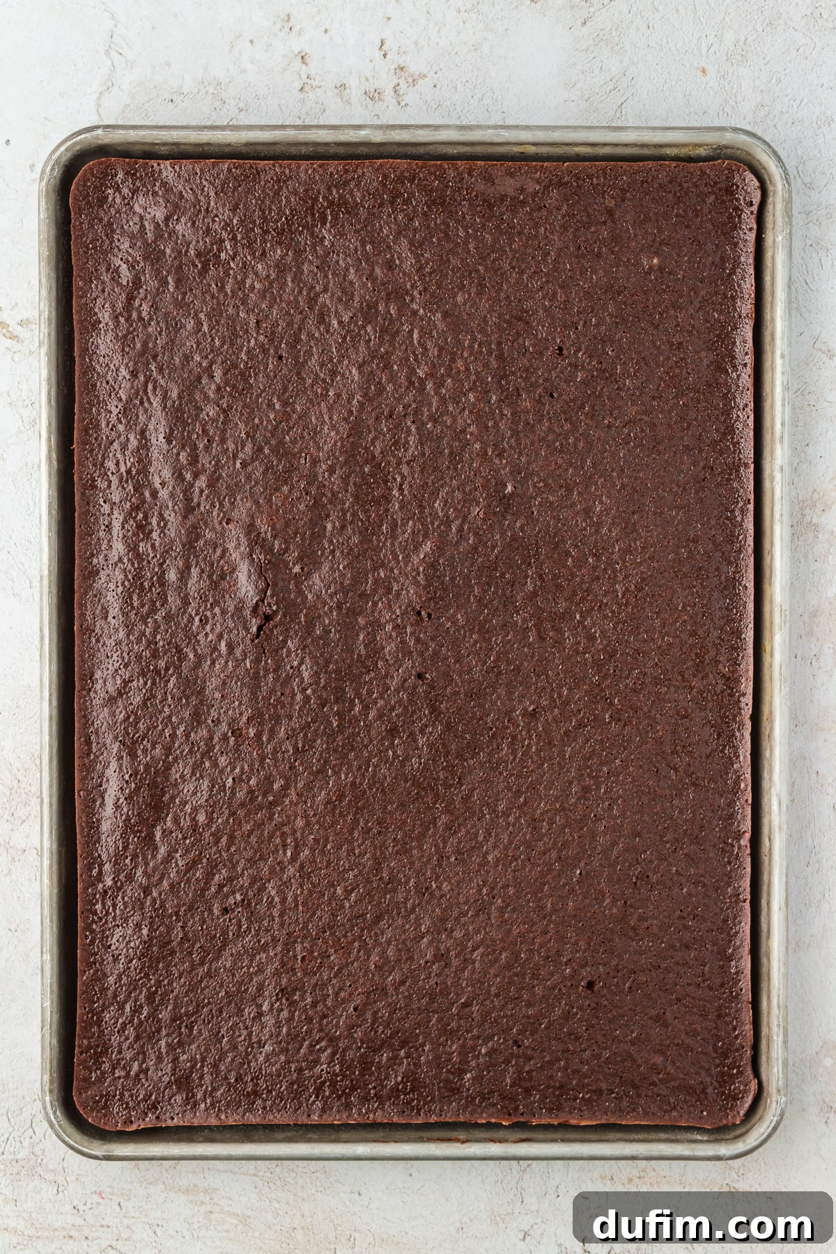 A freshly baked Texas Sheet Cake, golden brown and perfectly risen, resting in its large sheet pan straight out of the oven.