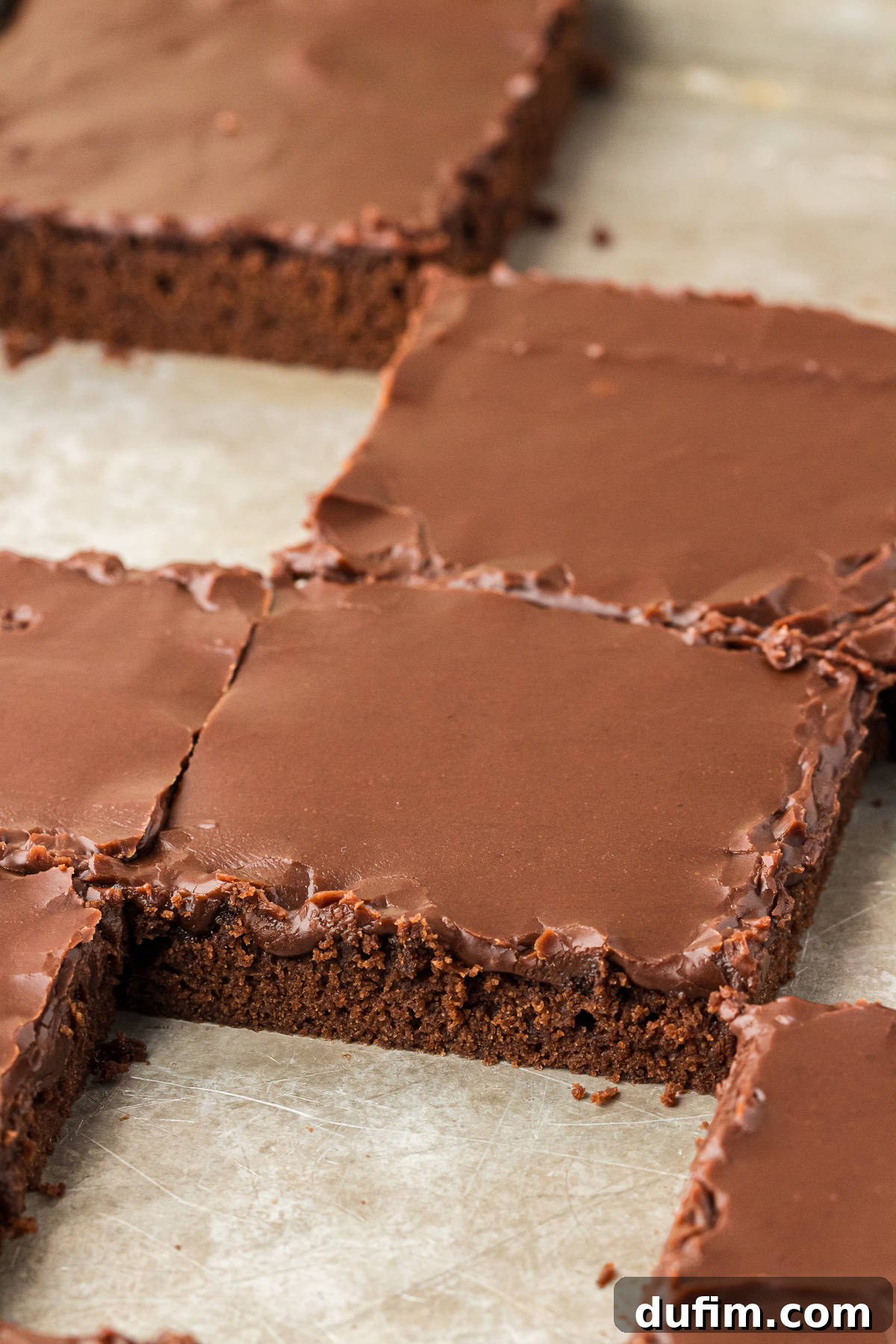 A close-up of perfectly cut square slices of Texas Sheet Cake in a sheet pan, with empty spots showing where slices have already been enjoyed.