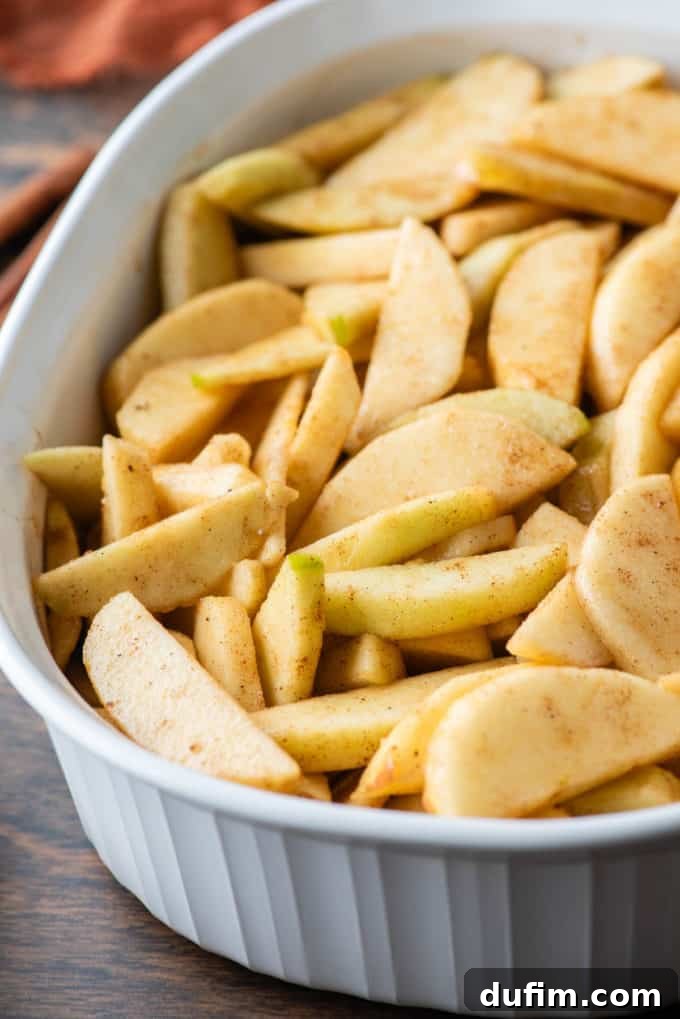 Sliced apples coated in a rich cinnamon mixture, ready for baking, spread evenly in a white baking dish.