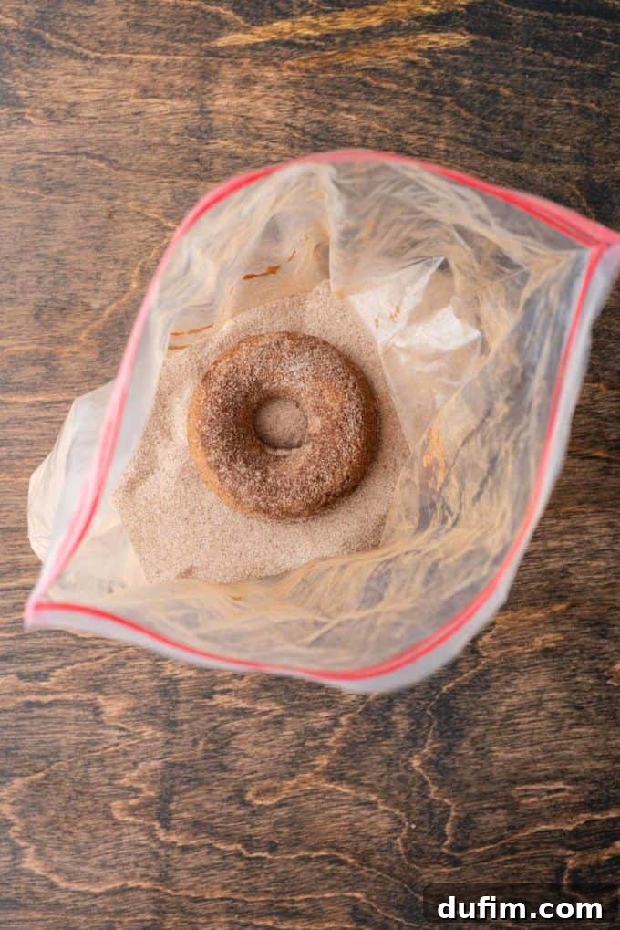 A beautifully coated baked apple cider donut, thoroughly covered in a shimmering cinnamon sugar mixture, resting inside a ziplock bag on a wooden surface, showcasing its delicious finish.