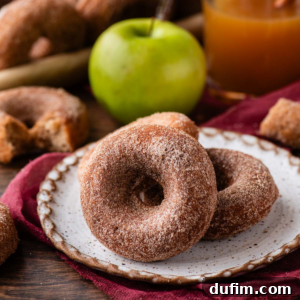 Two baked apple cider donuts on a plate, surrounded by a green apple and a cup of apple cider, creating a cozy fall scene.