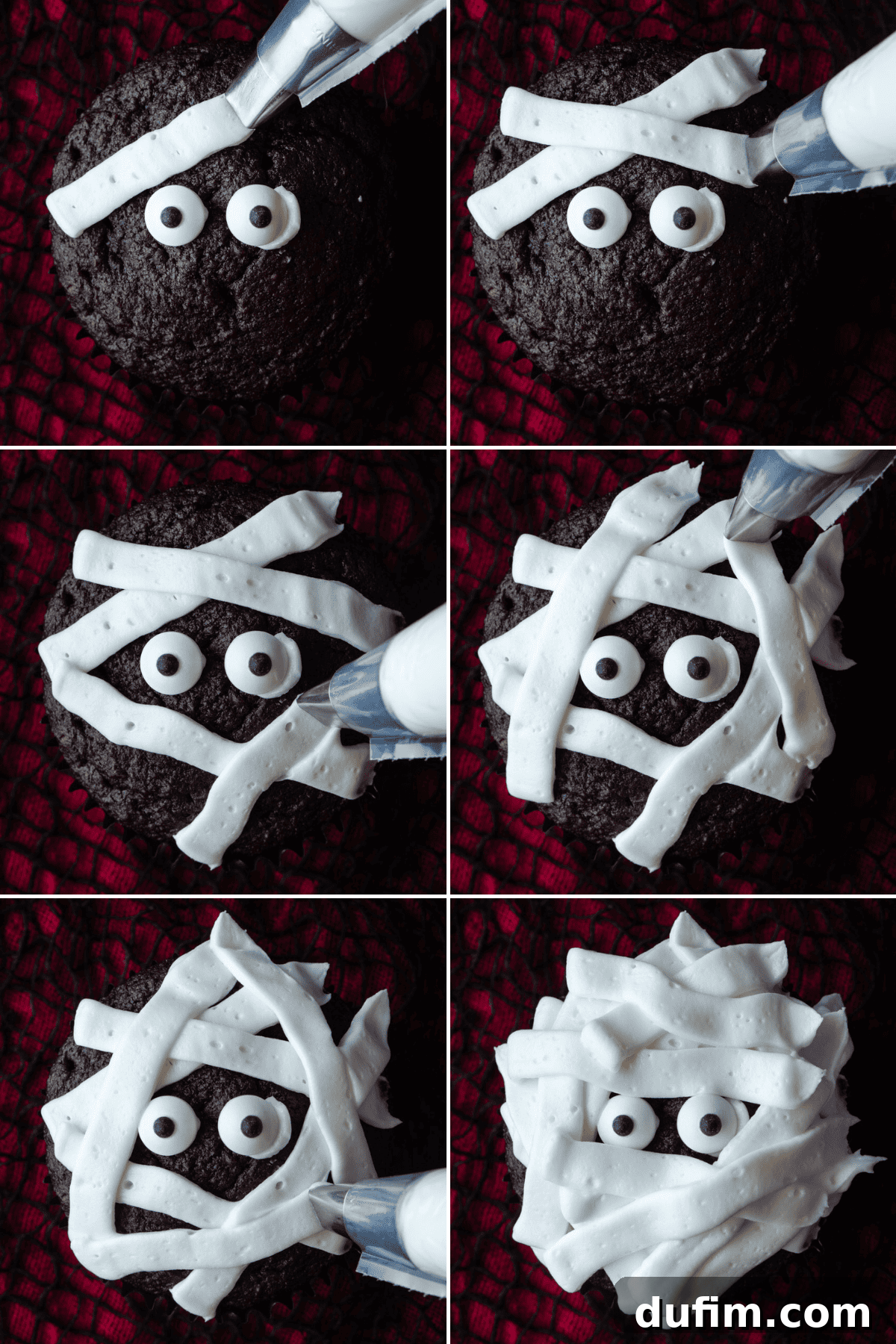 A collage of images showing the step-by-step process of decorating a mummy cupcake, from piping white frosting strips across a chocolate cupcake to adding candy eyeballs, demonstrating the easy assembly.