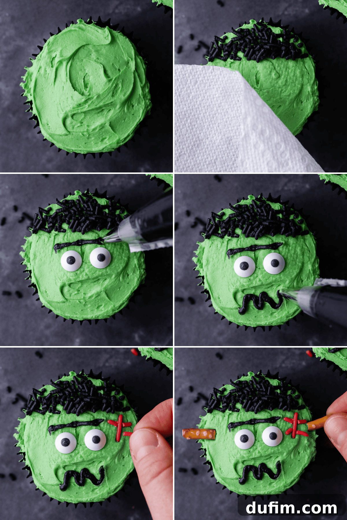 A visual collage showing the step-by-step process of decorating Frankenstein cupcakes, from applying frosting to adding facial features and bolts.