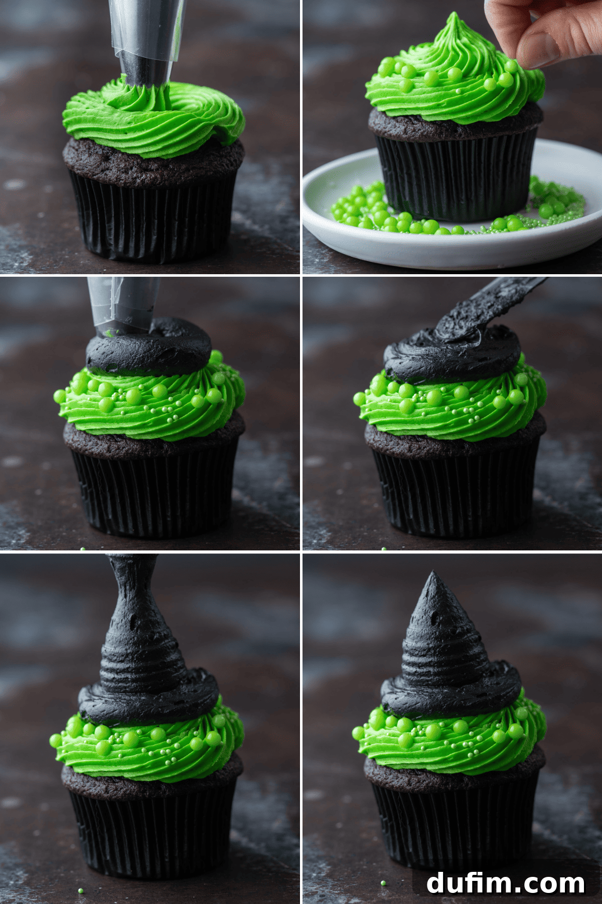Ghoulishly Good Cupcakes 11 A step-by-step collage illustrating the decoration of witch hat cupcakes, from applying green frosting and sprinkles to piping the black witch hat brim and cone.