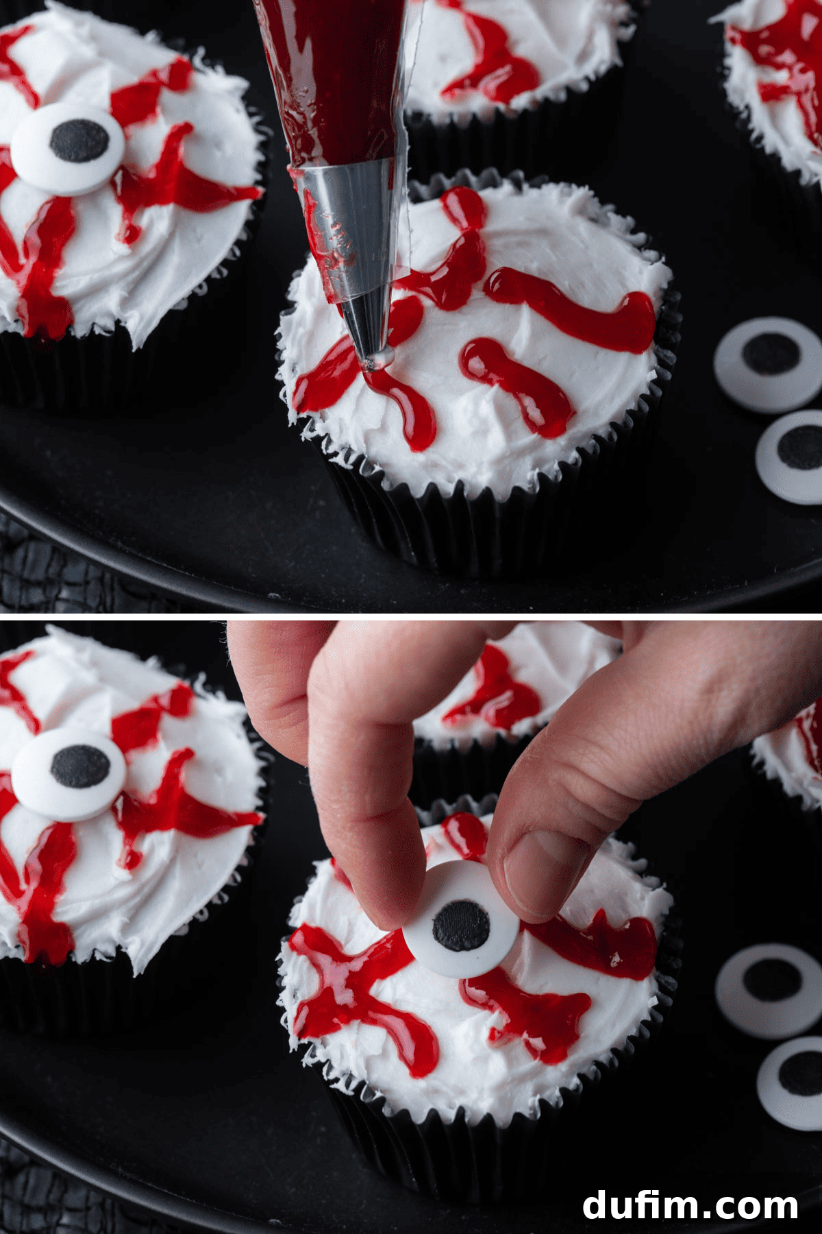 Ghoulishly Good Cupcakes 13 A two-photo collage demonstrating the creation of unsettling eyeball cupcakes, with one image showing the piping of 'bloody' jam veins and the other depicting the placement of a candy eyeball in the center for a bloodshot effect.