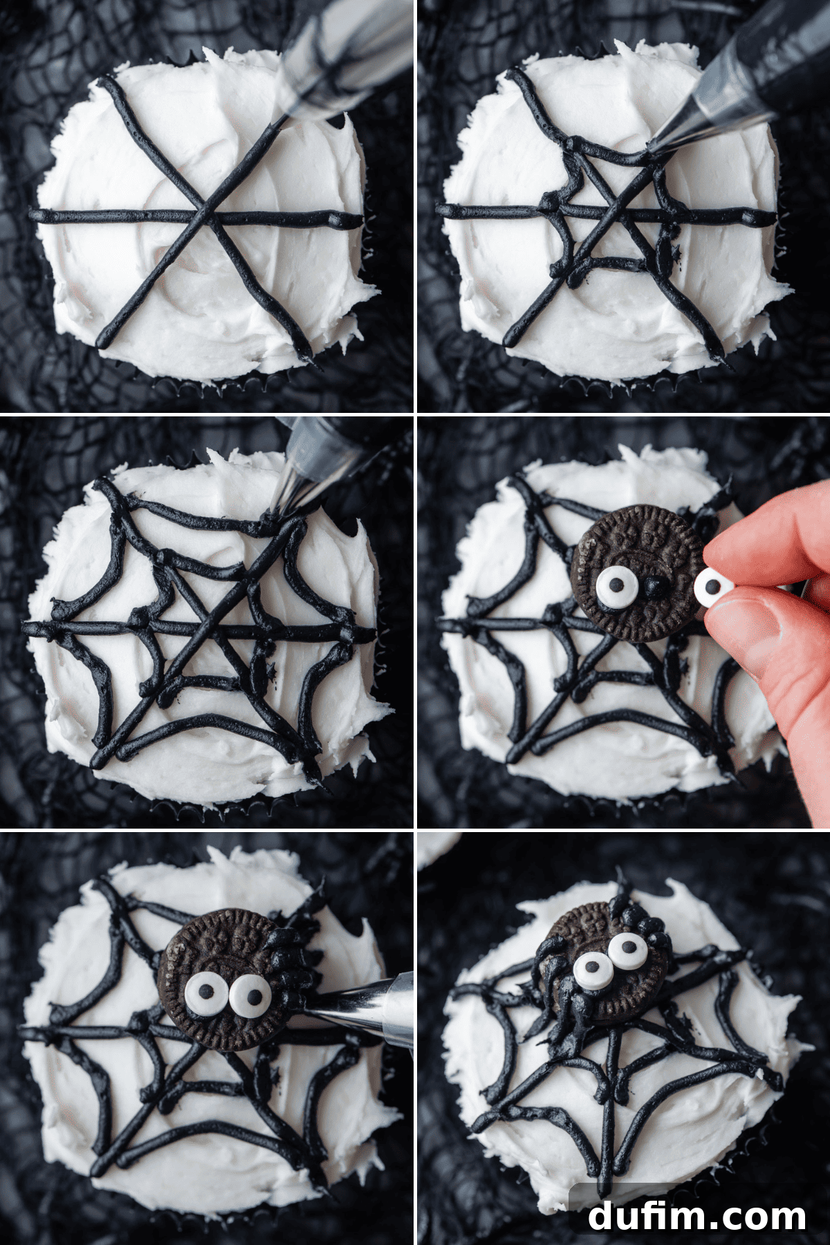 Ghoulishly Good Cupcakes 14 A step-by-step collage demonstrating the art of decorating spider web cupcakes, from frosting application to piping intricate webs and adding a mini Oreo spider.